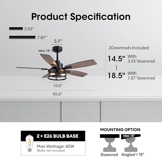 46 Inch Ceiling Fans with Lights and Remote & APP Control, Farmhouse Ceiling Fan with LED Lighting for Bedroom Living Room and Patio, Black Caged Ceiling Fan for Indoor and Outdoor(NO Bulbs