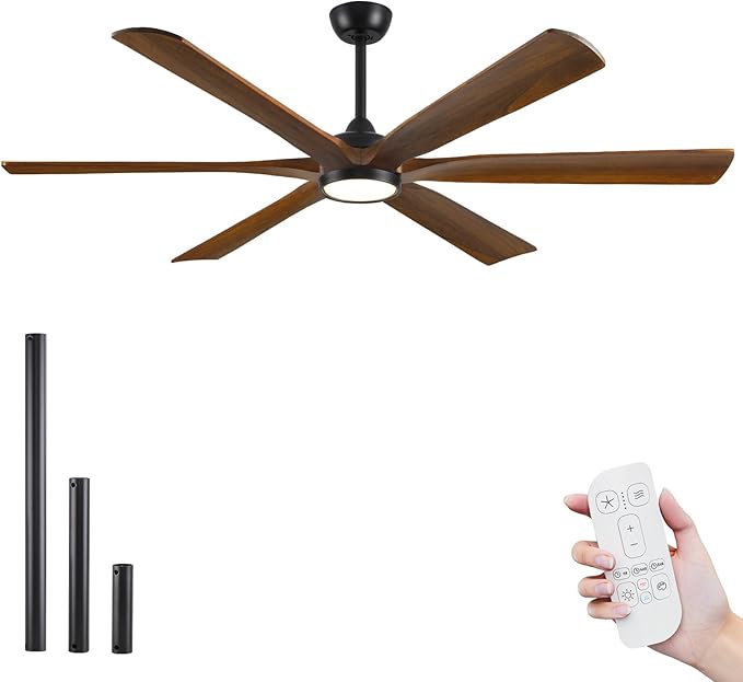 72 Inch Ceiling Fan with Lights and Remote, Modern Farmhouse Style, High CFM Quiet Energy Efficient DC Motor, 6 Solid Wood Blades, Damp Rated for Covered Outdoor Patio Porch & Indoor Large Living Room