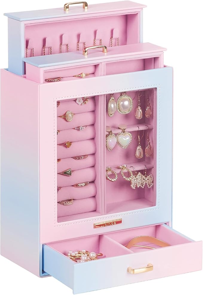 Homde Display Jewelry Box for Girls: Starter Organizer with Clear Window | Vertical Drawers for Earrings Rings Necklaces - Compact Footprint Fits Small Vanities - Birthday&Graduation Gift for Teens