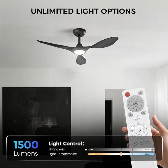 Roomratv Ceiling Fans with Lights and Remote Control,Quiet Noiseless Reversible DC Motor,6 Speeds,Timers, 3 CCT, Indoor Use, Plastic Blades,42 Inch Black Modern Ceiling Fan for Bedroom Living Room