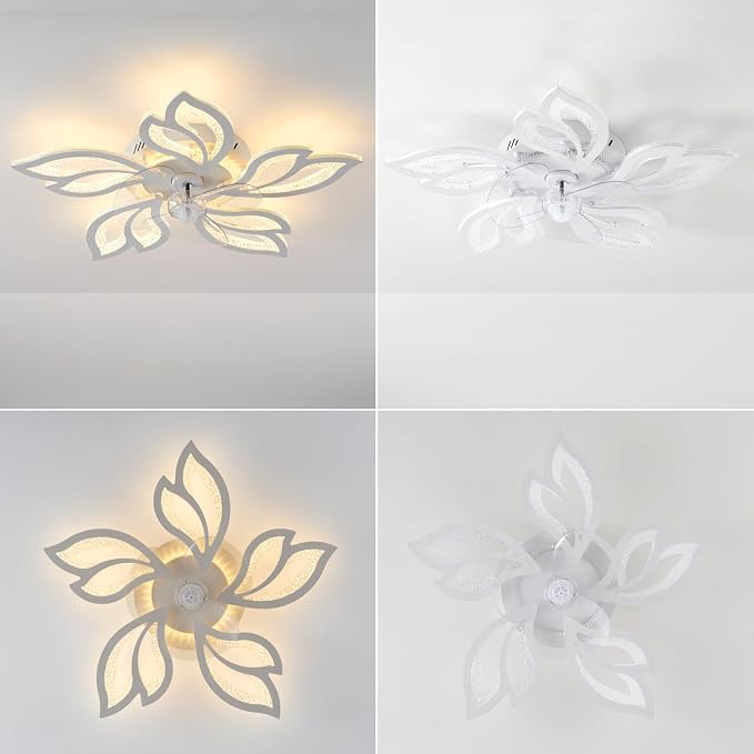 25" White Modern Geometric Ceiling Fan with Lights, 3 Light Color 6 Speeds Flush Mount Low Profile Ceiling Fan for Bedroom Kitchen