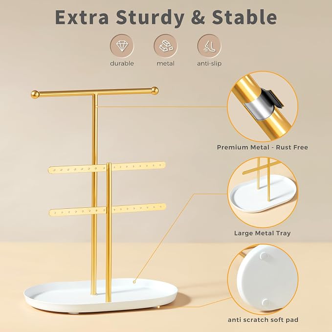 Saydear 3-Tier Jewelry Organizer Stand, Earring Holder Necklace Tree | Gold Metal Earring Rails With Top Necklace Bar, White Oval Tray Base, Ideal Vanity Dresser Decor, Gift For Her