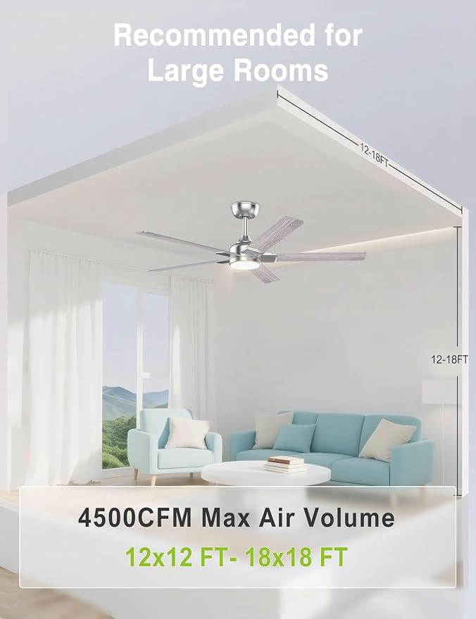 DAMINY 52 inch Nickel Ceiling Fans with Lights,5 Blades,3CCT, Low Profile,Remote Control,for Bedroom, Kitchen,Living Room,Indoor/Outdoor Use,Downrod