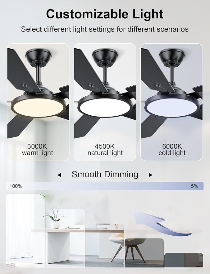 OJX Ceiling Fans with Lights, 52 inch Ceiling fan with Light and Remote/APP Control, 3CCT, Quiet DC Reversible, Dimmable, Modern Ceiling Fan for Bedroom, Living Room, Kitchen, Indoor/Outdoor Use