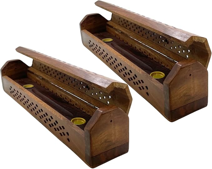 2 Pack Wooden Coffin Incense Sticks Burner - 12 Inches Brass Inlays - Storage Compartment (Net Carving)