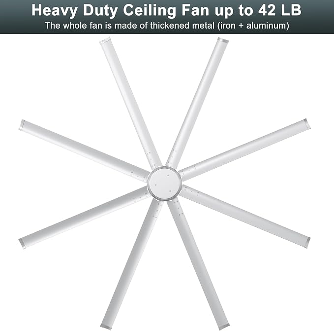 Ohniyou 96'' Industrial Ceiling Fan No Light - High CFM Large Metal Fan with 8 Aluminum Blades, Remote/APP Controlled, DC Motor, for Shop, Warehouse, Gym, Silver | 8 Aluminum Blades, Remote/App Control, Quiet DC Motor for Shops, Warehouses and Gyms, Si...