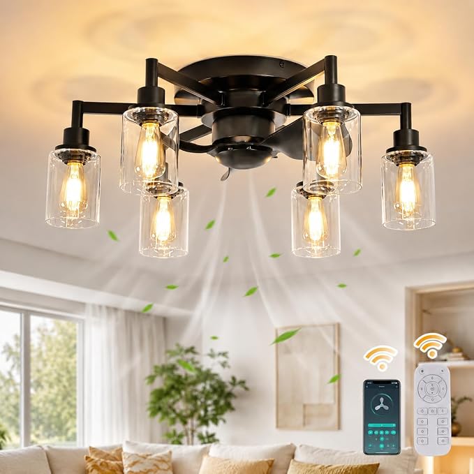 Garwarm 26IN Ceiling Fans with Lights, Black Flush Mount Ceiling Fan with Lights Remote Control,Low Profile Bladeless Ceiling Fan Light Fixture for Bedroom, Kitchen, Dining Room