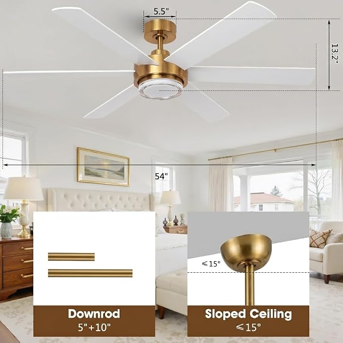 54" Gold Ceiling Fan with Lights and Remote, Modern White & Gold Ceiling Fan, Quiet DC Motor, 6-Speed Reversible Fan, Dimmable LED, Luxury Ceiling Fan for Bedroom Living Room Dining Room