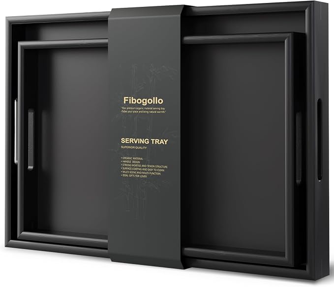 Fibogollo Bamboo Set of 2 Serving Tray with Handles,Decorative Trays Platter,Breakfast Tray in Bed,Food Drinks Tray for Eating,Working,Storing(Black)