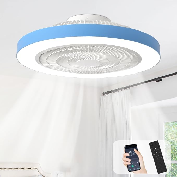 Depuley Modern Ceiling Fan with Light: 19" LED Flush Mount Low Profile Ceiling Fans with Remote & Smart APP Control - Blue Bladeless Fandelier Dimmable Quiet DC Motor for Bedroom Kids Room 6 Speeds