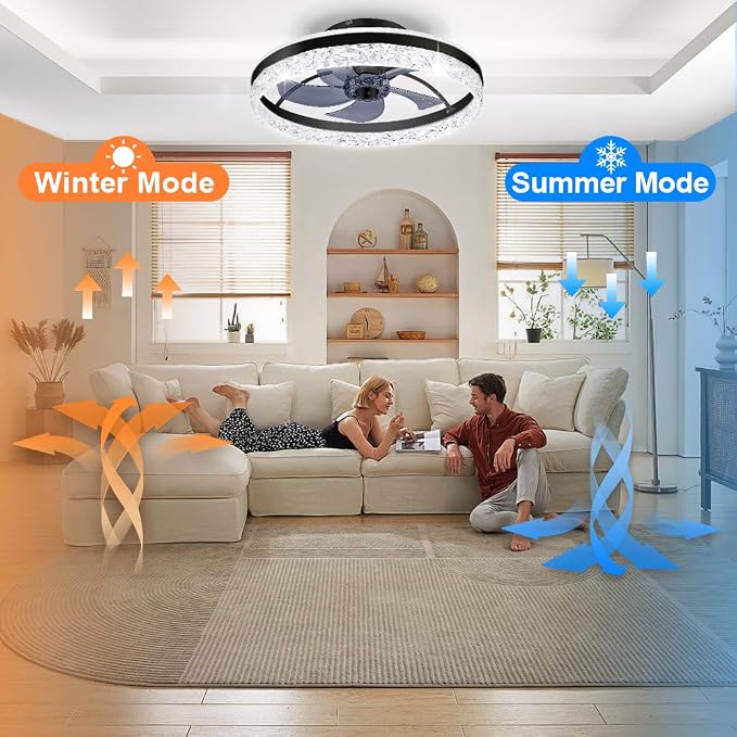 Low Profile Flush Mount Ceiling Fan with Light and Bluetooth Speaker, Smart Ceiling Fan with 6 Speeds, Reversible Airflow, APP/Remote Control for Bedroom