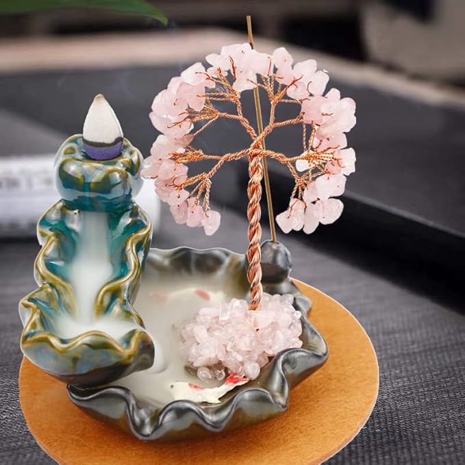 Dreamgirnh Backflow Incense Holder, Waterfall Incense Burner, Gemstone Money Tree Home Living Room Decorations Office Accessories for Women, Mothers Day Mom Gifts (Rose Quartz)