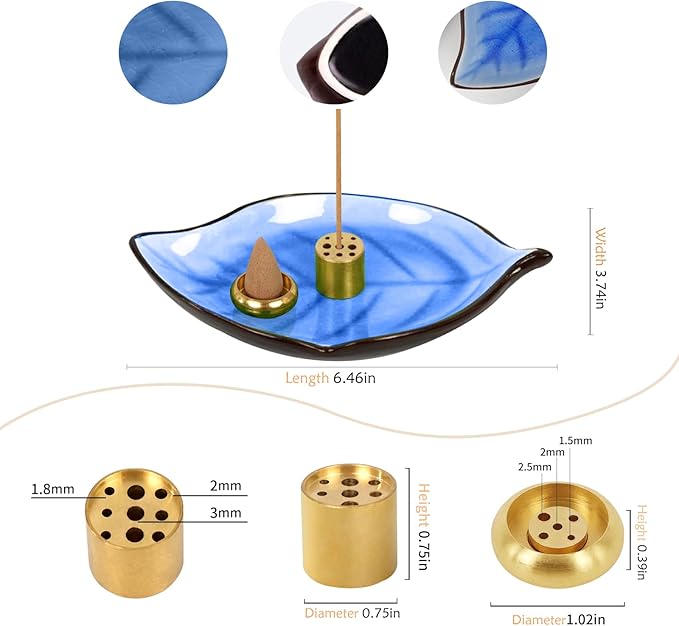 Incense Holder for Sticks (9 Holes) and Cones, Handmade Ceramic Incense Ash Catcher for Meditation, Yoga, SPA Days, Relaxing, Home Decor, Candle Holder, Easy to Clean, Leaf-Shape (Dark Blue)