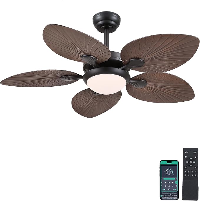 Wiviniya Tropical Ceiling Fans with Lights, 44 Inch Palm Leaf Outdoor Ceiling Fan with Light for Patios Porch Bedroom, Remote/APP Control, Reversible Quiet DC Motor, Dimmable LED, Dark Brown