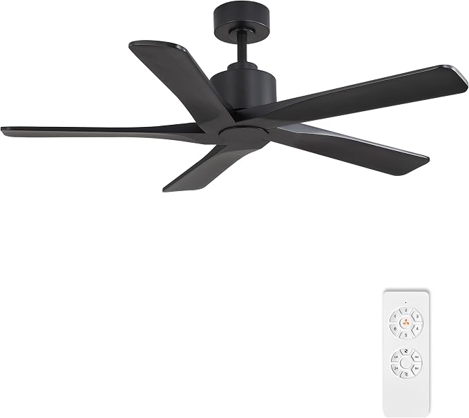 WINGBO 48" DC Ceiling Fan No Light - 5 Carved Solid Wood Blades, 6-Speed Reversible DC Motor, Ceiling Fan without Lights for Living Room Bedroom Kitchen Patio, Indoor and Outdoor, Matte Black