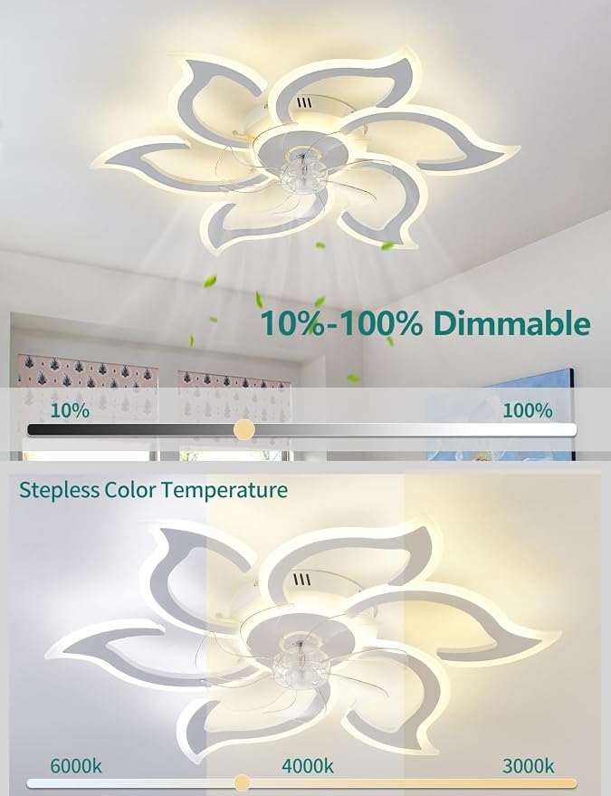 Flower Ceiling Fans with Lights and Remote, 33.5 Inch Modern Low Profile Flush Mount Ceiling Fan, Dimmable LED Ceiling Light Fixture, Small Ceiling Fans for Bedroom, Kitchen, Indoor-White