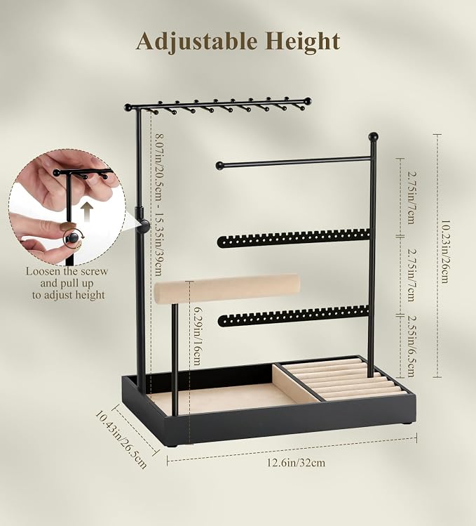 Emibele Jewelry Necklace Holder, 5 Tier Jewelry Organizers and Storage | Earring Bracelet Holder, Jewelry Display with Metal Frame Velvet Ring Tray, Aesthetic Jewelry Stand Gifts for Women, Black