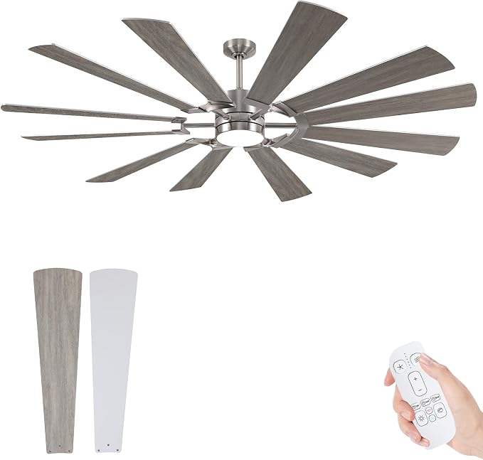 62'' Farmhouse Ceiling Fan with Light,12 Dual-Finish Wind Mill Blades, 3 Downrods, 6-Speed Reversible DC Motor, High CFM, 3CCT, Indoor Outdoor Modern Industrial Fans for Patio Commercial Shop Garage