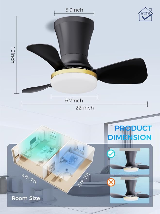 LANMEL 22 Inch Flush Mount Ceiling Fan with Light and Remote, Low Profile Modern Ceiling Fan, 6 Speed, Reversible, 3000k-6500k Dimmable LED, Quiet DC Motor for Indoor Outdoor, Black Gold