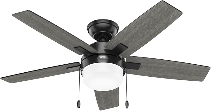 Hunter Anisten, Indoor, Ceiling Fan, with LED Light, 44 inch, Matte Black | Standard Mount, Pull Chain, 5 Blades, For Bedroom, Living Room, Includes Bulbs, 52486