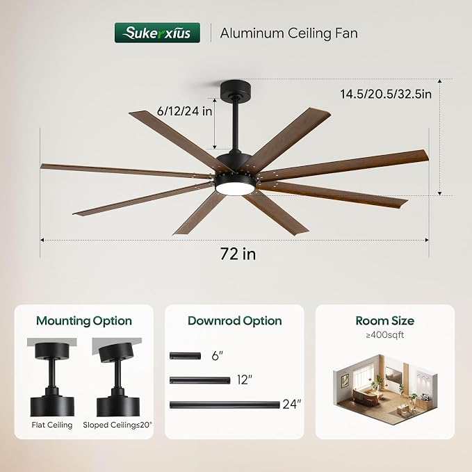 72 Inch Outdoor Ceiling Fan with Light for Patios Waterproof, Wet Rated Smart Fan with Alexa/App/Remote Control, 8 Walnut Finish Aluminum Blades, Quiet DC Motor with 9503 CFM Airflow, ETL Listed