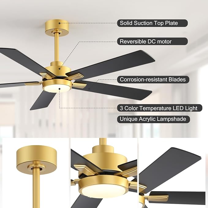 Ceiling Fans with LED Lights, 52 Inch 5-Blade Ceiling Fan Remote Control, Industrial Ceiling Fan with Reversible DC Motor, Downrod Mount LED Ceiling Light Chandelier for Bedroom (Gold & Black)