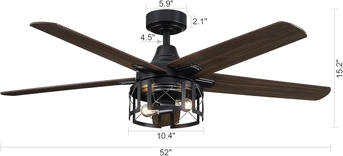 52 Inch Industrial Farmhouse Ceiling Fans with Lights and Remote Control, Quiet Reversible Motor & 5 Dual-Finish Blades, Indoor/Outdoor Ceiling Fan for Living Room Bedroom