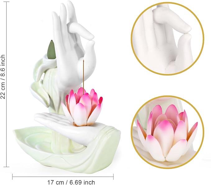 Backflow Incense Holder Buddhist Culture，Waterfall Incense Burner Buddha's Hand and Colorful Lotus Pattern，Aromatherapy Ornament Home Décor Nice Gift for Friends Families