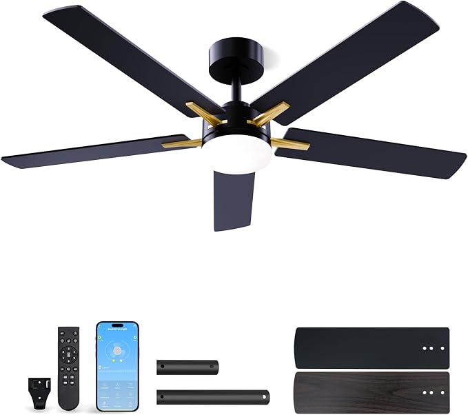 LANMEL 52 Inch Ceiling Fans with Lights, App&Remote Control, Low Profile Modern Ceiling Fan, 6 Speed, Reversible, 3000k-6500k Dimmable LED, Quiet DC Motor for Indoor Outdoor Use, Gold Black
