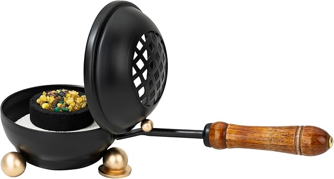 Premium Handmade Black Iron Incense Burner with Wooden Handle and Lid – Removable Screen, 3.15 Inch Diameter, 8.66 Inch Length