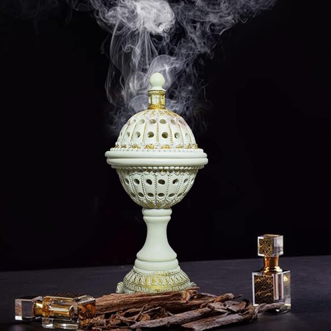 AM Lux Globe Incense Burner - Bakhoor Cone Holders | Frankincense Burner Charcoal | Mabkhara | for Office & Spiritual Decor (White)