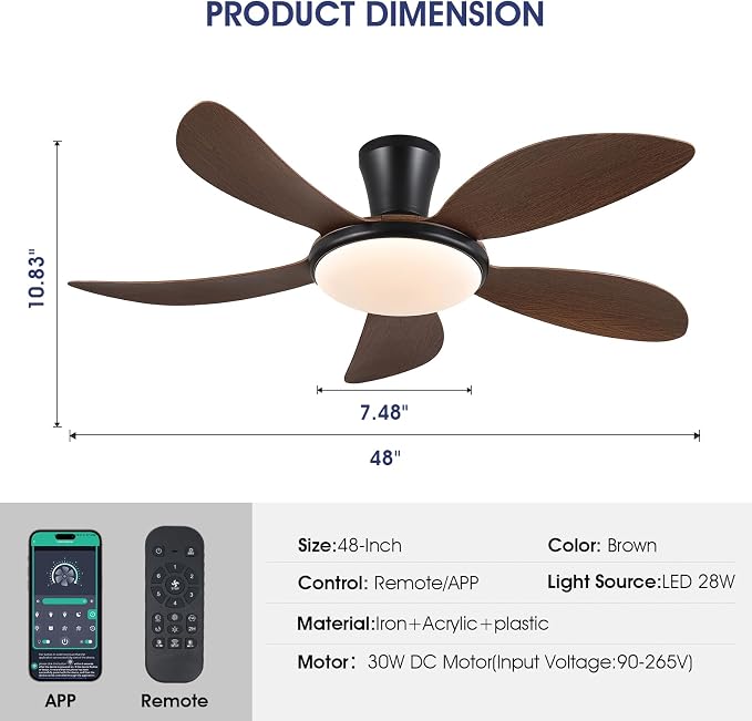 48"Brown Low Profile Flush Mount Ceiling Fans with Lights and Remote/APP | Supports Remote and APP, 6 Wind Speeds, Reversible, Dimmable 3 CCT LED, 30WNoiseless DC Motor,Timer, for Bedroom Kitchen