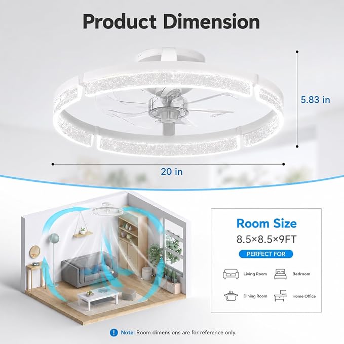 addlon 20'' Ceiling Fans with Lights and Remote, Low Profile Flush Mount Ceiling Fan with Light, 3000-6000K Dimmable LED Fandelier, Modern Small White Ceiling Fan for Bedroom, Kitchen, Living Room