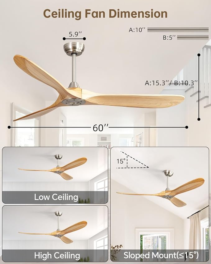 Sofucor 60 Inch Smart Ceiling Fans No Lights-Outdoor Modern Smart Ceiling Fan with Alexa/Google/APP/Remote Control, Reversible Quiet DC Motor,Wood Blade Ceiling Fan for Bedroom/Living Room/Patios