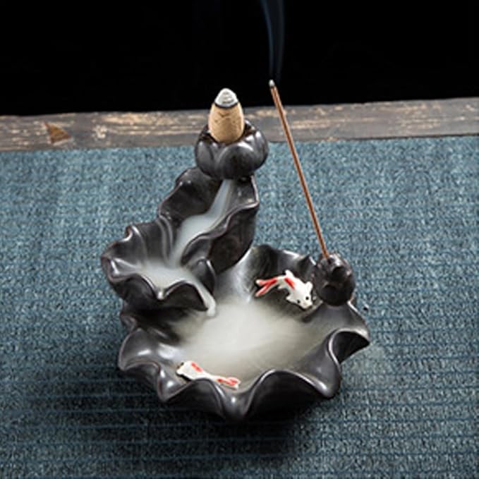 ARFUKA Ceramic Backflow Incense Burner Lotus & Koi Waterfall Design with Hypnotic Smoke Effect, Zen Meditation Decor for Home Office Yoga Room (Asian Inspired Aromatherapy Art)