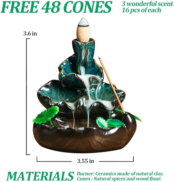 Cute Ceramic Backflow Incense Holder Waterfall Incense Burner with 48 Incense Cones and 30 Incense Stick, Incense Fountain for Home Decor, Desk Decor(Cyan)