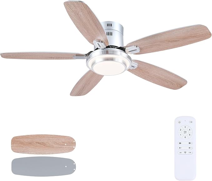 Hounberi 50 Inch Low Profile Ceiling Fans with Lights and Remote, Modern Brushed Nickel Flush Mount Ceiling Fan, 3CCT, Dimmable, Quiet DC Reversible Motor, for Bedroom Living Room Indoor/Outdoor Use