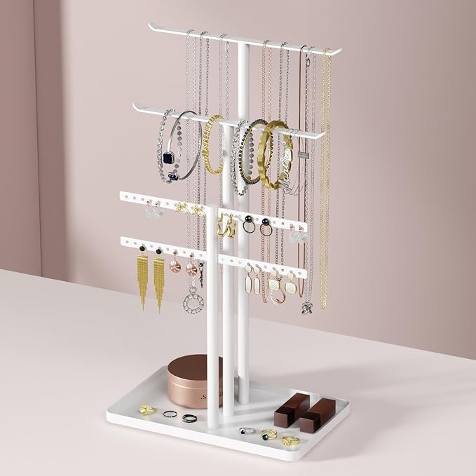 pickpiff Jewelry Stand Organizer, 14.5" Tall Sturdy Metal, 3-TierJewelry Holder for Necklace, Earring, Bracelet, Ring, Hanger for Display and Storage, Aesthetic Room Decor, White