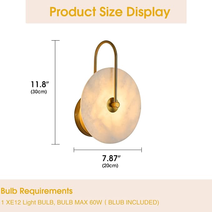 Round Alabaster Wall Sconce, Natural Marble Lampshade Wall Sconce, Hardwired Circular Sconce LED Modern Wall Lamp for Bedroom, Stairs, Living Room, Bedside, Hallway 7.84 Inch Gold