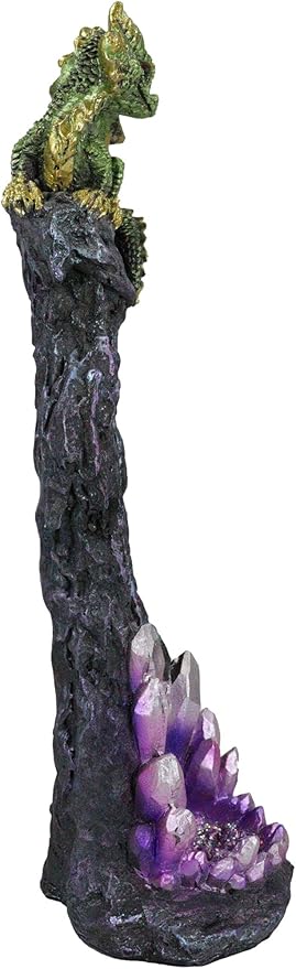 Ebros Gift Green Gaia Baby Dragon Guarding Faux Geode Quartz Crystal Quarry Rock Pillar Incense Burner Holder Figurine 10" High Fantasy Mythical Dungeons and Dragons Home Decorative Accent Statue