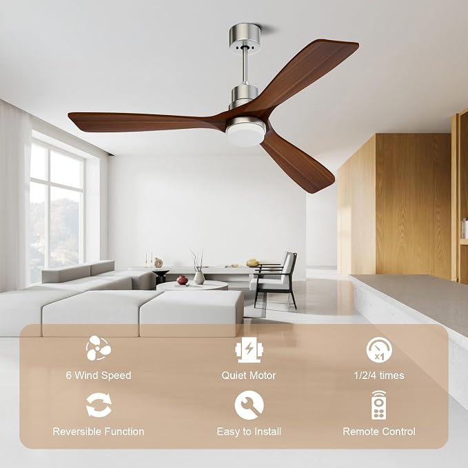 Obabala 52 Inch Ceiling Fans with Lights and Remote Control-Outdoor Ceiling Fan Walnut Wood 3 Blade for Bedroom Living Room Indoor Farmhouse Patio, Reversible Noiseless DC Motor
