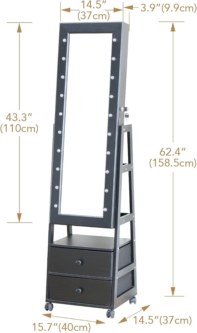 Jewelry Armoire Cabinet Organizer Standing with 20 LED Lights Lockable Full Length Mirror with Storage Shelves and 2 Drawers (Black) Adjustable Tilt Angles Gift for Her