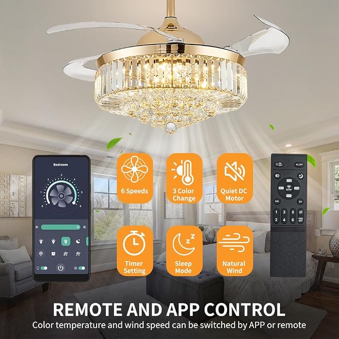 42'' Fandelier Ceiling Fans with Light, Chandelier Ceiling Fan, Retractable Crystal Ceiling Fan for Bedroom, Living Room, 3 Color Change, LED Dimmable, 6 Speeds, Reversible DC Motor-Gold