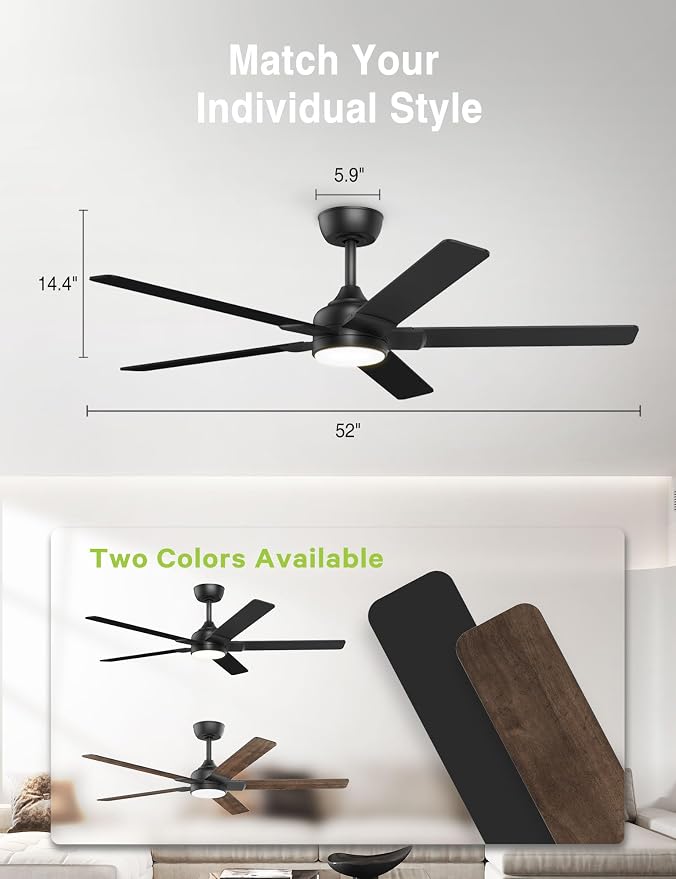 DAMINY 52 inch Black Ceiling Fans with Lights,5 Blades,3CCT, Low Profile,Remote Control,for Bedroom, Kitchen,Living Room,Indoor/Outdoor Use,Downrod