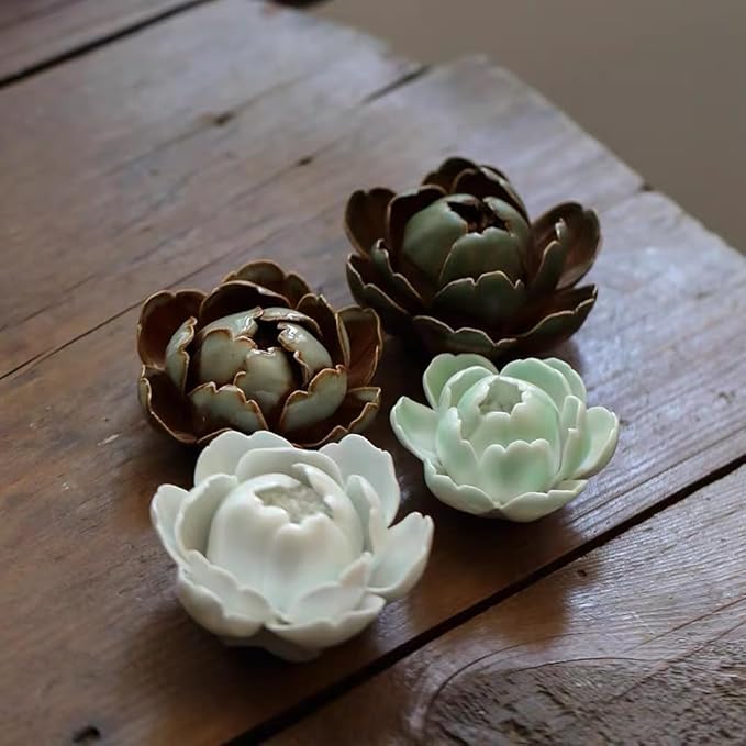 Collectible Handmade Chinese Ceramics, Medium Peony Ceramic Incense Stick Holder, Handicraft Flower Lotus Incense Burner Bowl Ash Catcher Inscent Tray for Home Decor and Gift, 2.55 Inch, Green