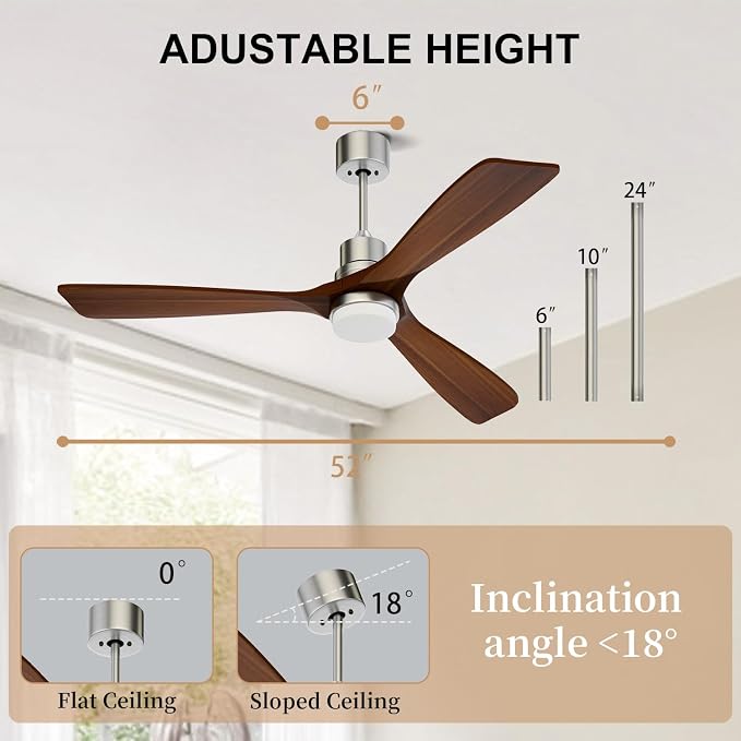 Obabala 52 Inch Ceiling Fans with Lights and Remote Control-Outdoor Ceiling Fan Walnut Wood 3 Blade for Bedroom Living Room Indoor Farmhouse Patio, Reversible Noiseless DC Motor