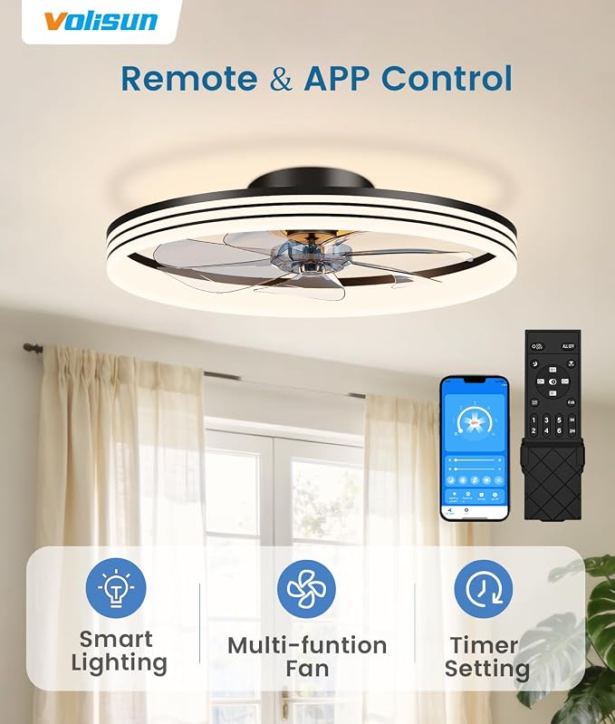 VOLISUN Low Profile Ceiling Fans with Lights and Remote, 24in Flush Mount Ceiling Fan with Light, 3000K-6500K Dimmable Fandelier LED Fan Light, Black Bladeless Ceiling Fans with Lights for Bedroom