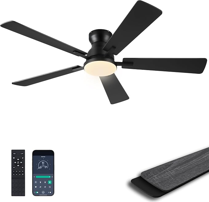 Ayaoty Ceiling Fans with Lights,52 Inch Black Low Profile Ceiling Fan with Light and Remote/APP Control-Flush Mount Dimmable, Quiet DC Motor for Outdoor Patio, Garage,Bedroom