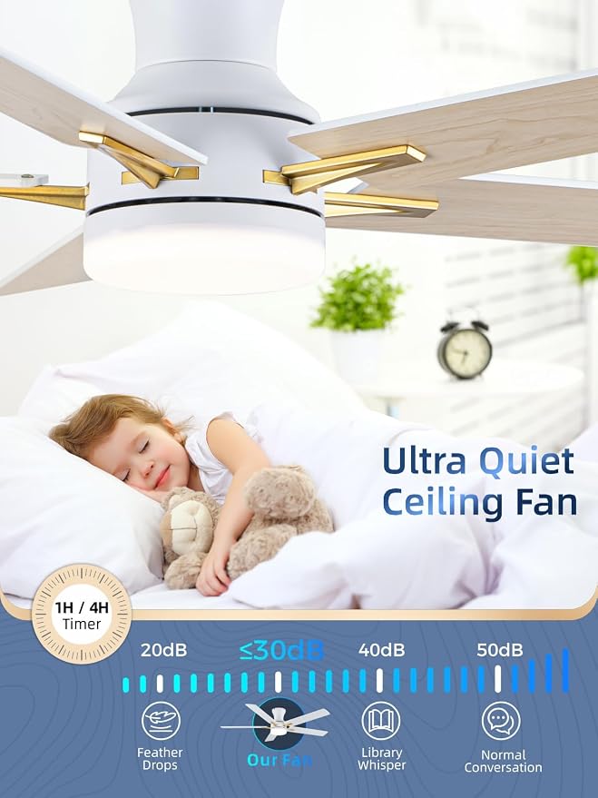 LANMEL 52 Inch Flush Mount Ceiling Fan with Light, App&Remote Control, Low Profile Modern Ceiling Fan, 6 Speed, Reversible, 3000k-6500k Dimmable LED, Quiet DC Motor for Indoor Outdoor, Gold White