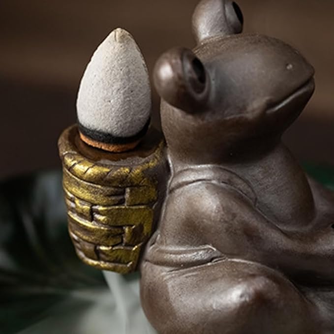 Leheybia 1 Pcs Cute Frog Ceramic Incense Holder Backflow Incense Burner Incense Burner Holder with 20 Backflow Incense Cones (Father Frog)